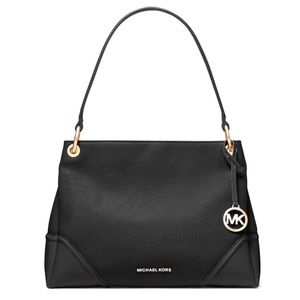 NWT Michael Kors Nicole Medium Pebbled Leather Shoulder Bag In Black Color/Gold